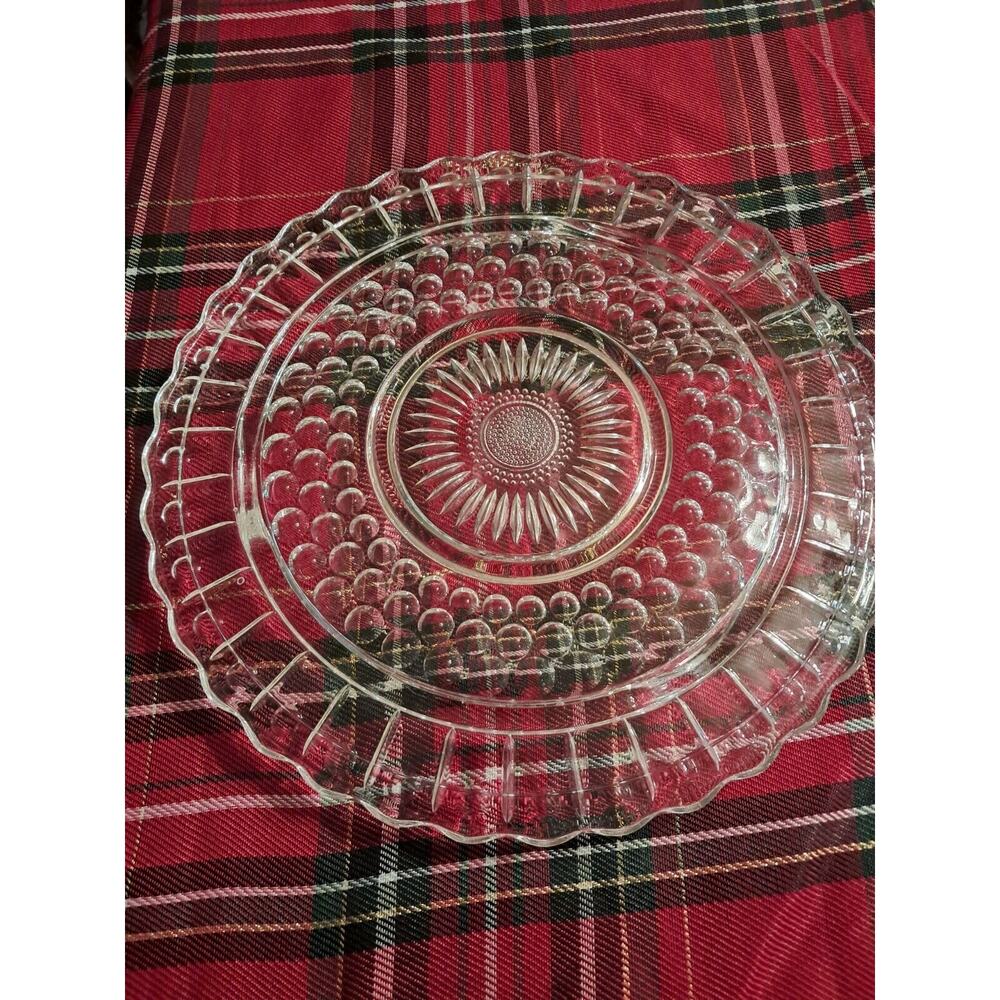Vintage Federal Glass 11.25" Footed Cake Plate Sunflower Bubbles Scallop